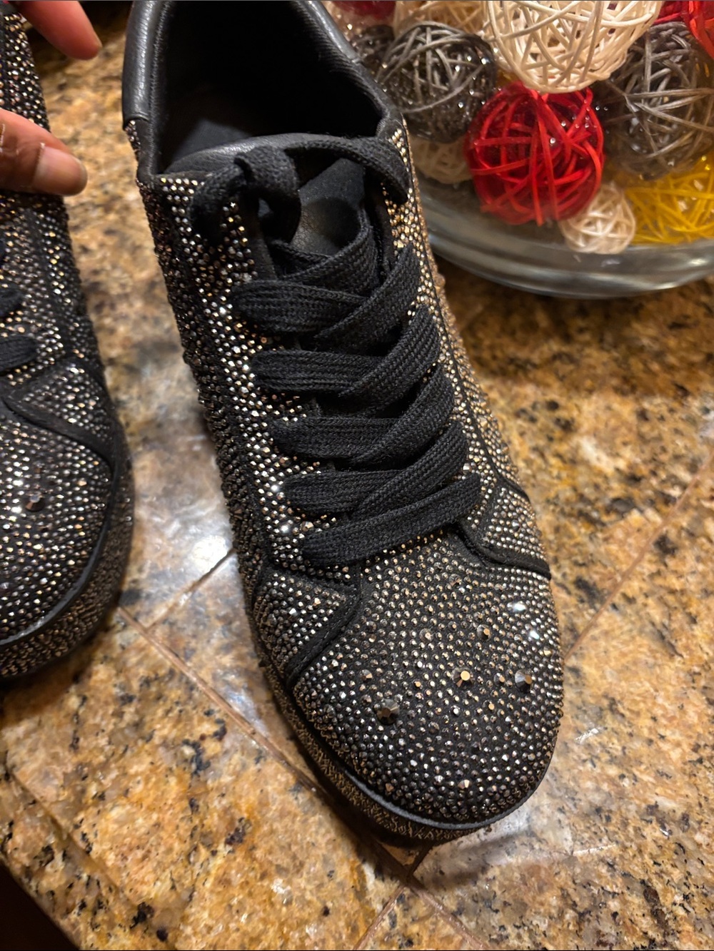 Black platform sneakers with all-over rhinestone embellishment. - Picture 6 of 9